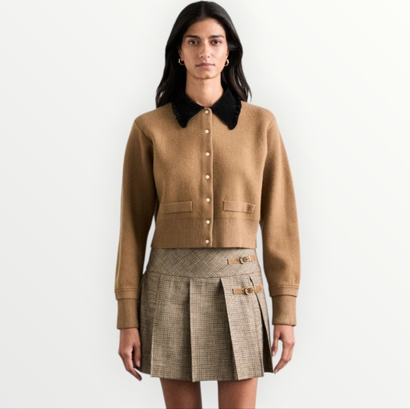 SANDRO ETIENNE CROPPED CARDIGAN VELVET COLLAR - Picture 1 of 9